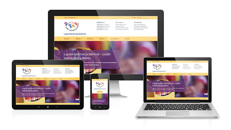Lapset kertovat -yhdistyksen verkkosivut eri kokoisilla näytöillä