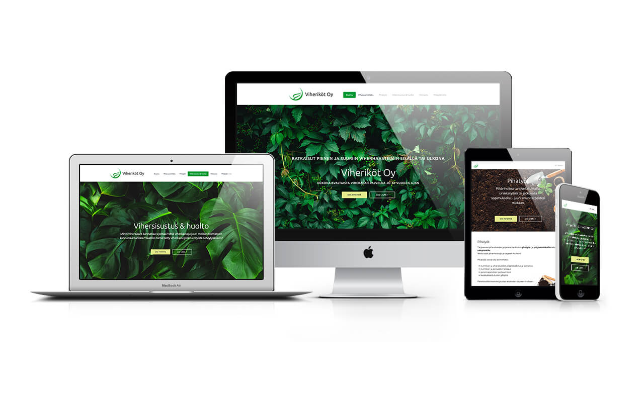 Viheriköt Oy:n verkkosivusto eri laitteilla katsottuna
